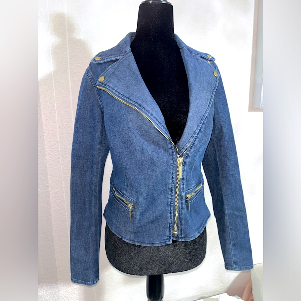 Michael Kors blue denim blazer jacket with gold zippers and pockets XS